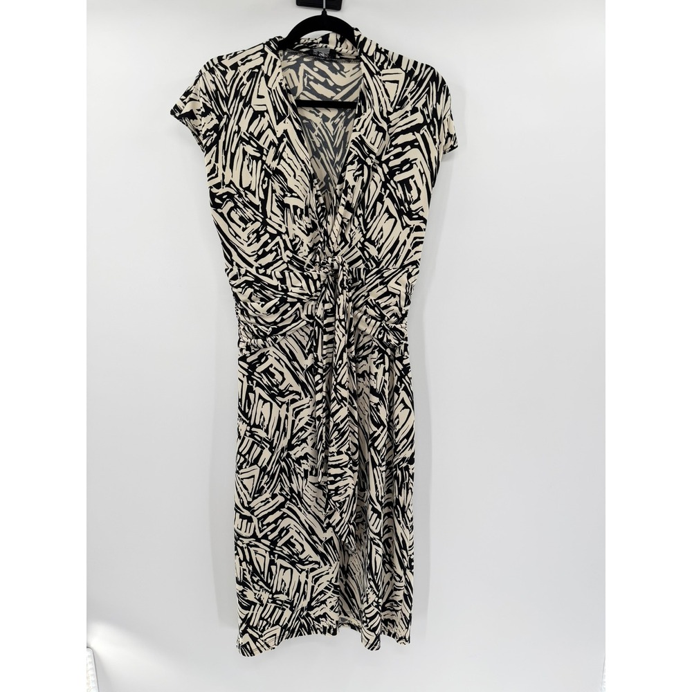 BCBG Paris Faux Wrap Dress Abstract Graphic Y2K Women Size L Black Cream White